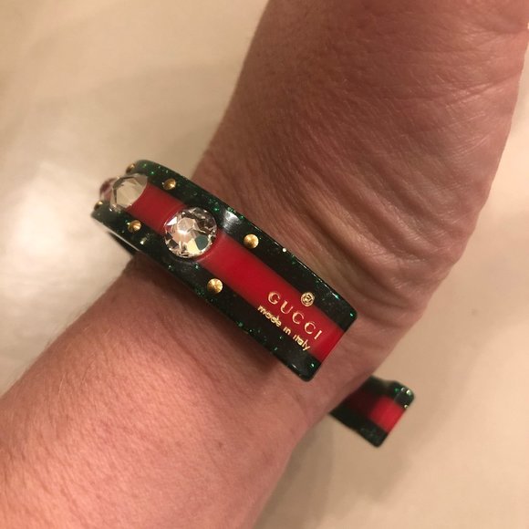 Gucci Open Stripe Cuff with Crystal Bee Red Green - Picture 14 of 16